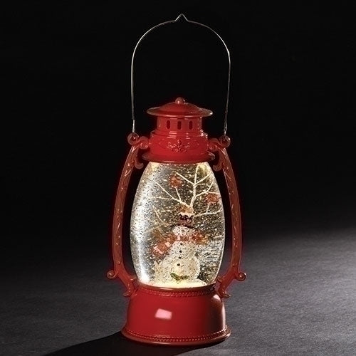 Red Vintage Lantern Snowman Swirling LED Light 10 Inch Acrylic Holiday Glitter Globe