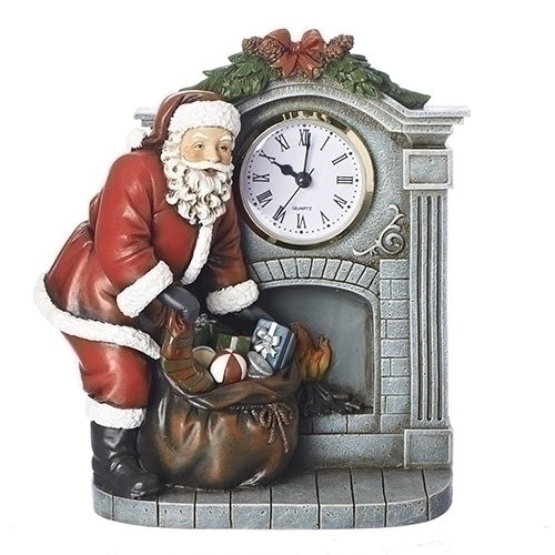8"H SANTA BY FIREPLACE CLOCK TABLETOP