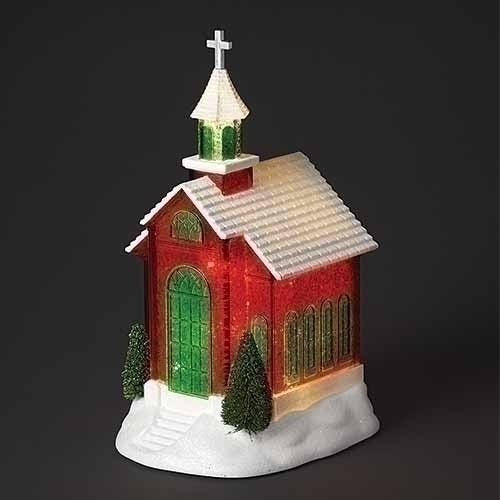 10.75"H LED RED CHURCH W/GREEN ACCENTS; BATTERY OP N/INCL