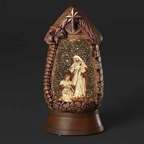 Led Swirl Stone Manger with Ivory Holy Family, 10 inch, Brown