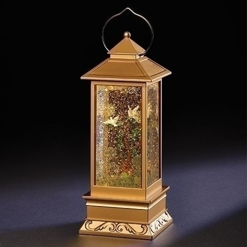 10.7"H LED SWIRL DOVES IN TREE GOLD LANTERN; BATT N/INCL