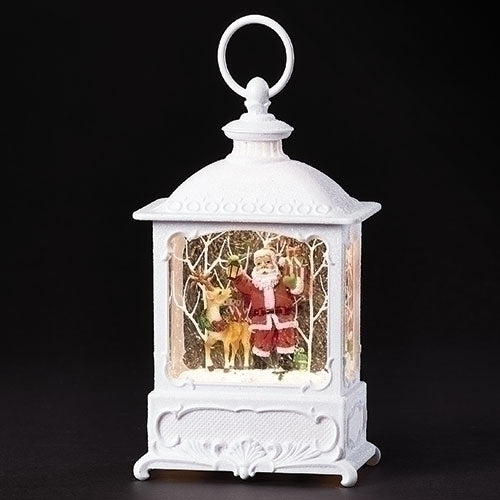 8.75"H LED SWIRL SANTA W/DEER, GIFTS WHITE LANTERN; PORT/CORD