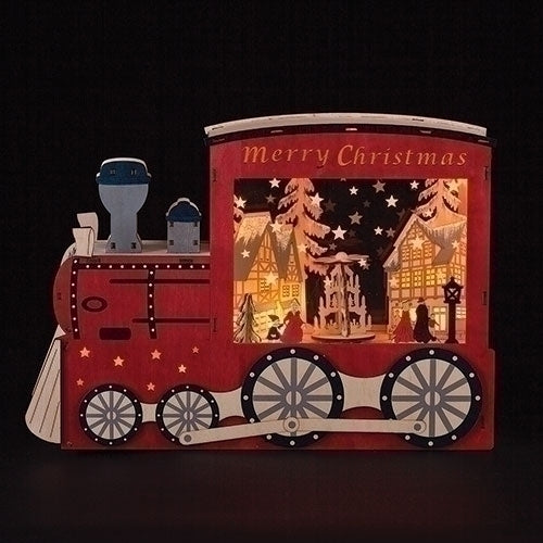 10"H LED LOCOMOTIVE LASER WOOD W/SCENE; BATT OP N/INCL