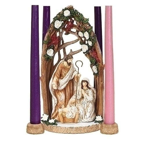 10.25"H HOLY FAMILY W/CARDINAL CANDLE HOLDER; MARBLE BASE