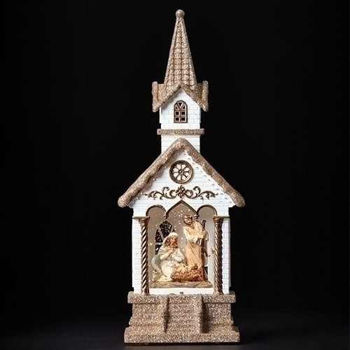 11"H LED SWIRL CHURCH, HOLY FAMILY;WHITE/GOLD; PORT/CORD