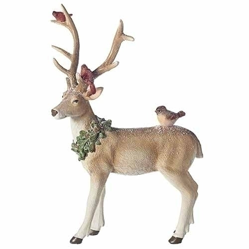 12.5"H DEER W/CARDINALS FIGURE HOLLY WREATH AND SNOW GLITTER