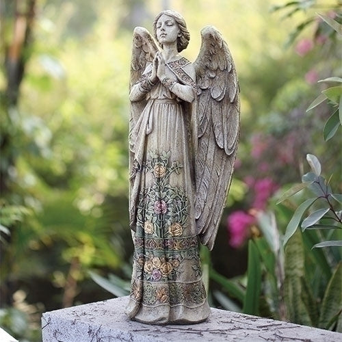 24"H PRAYING ANGEL GARDEN STATUE; ROSE DESIGN ON GOWN