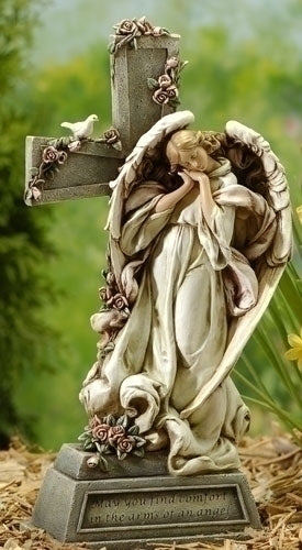 Angel with Cross, Garden Collection, Religious Statue, Holy Family, Memorial, Angel, Patron Saint, Garden Décor (8x5x14)