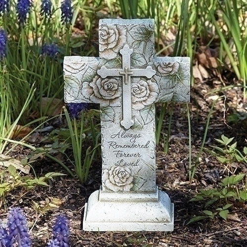 12"H MEMORIAL CROSS W/ROSES GARDEN STATUE