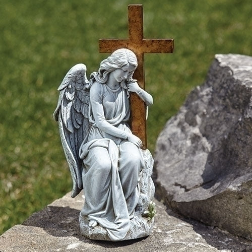 13"H ANGEL W/CROSS ON STONE GARDEN STATUE