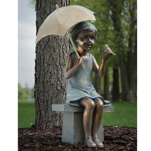 17.25"H GIRL ON BENCH GARDEN STATUE W/BIRD & UMBRELLA