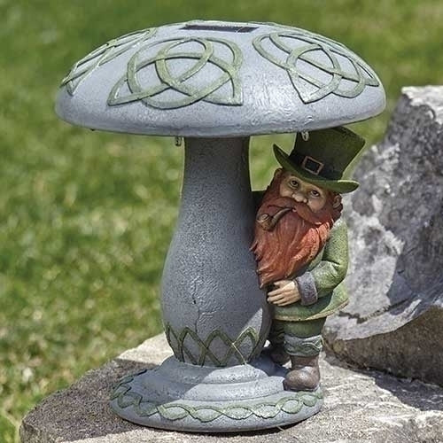 12.25"H LED SOLAR LEPRECHAUN UNDER MUSHROOM FIGURE