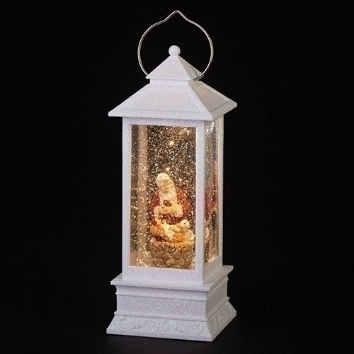 LED Light Up Confetti Swirl Christmas Kneeling Santa & Baby Jesus Snow Globe Lantern, 11 Inch