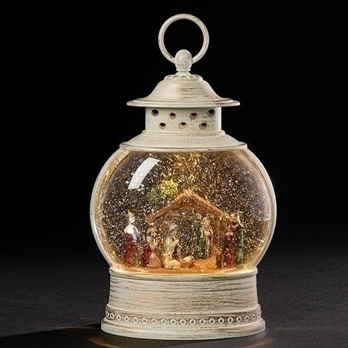 LED Nativity Lantern Rustic White 11 x 7 Acrylic Holiday Snow Globe Swirl Dome