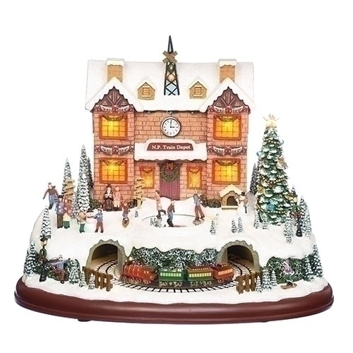 LED Rotating Muscial Holiday Village 12 x 10 Wood Holiday Polar Train Station