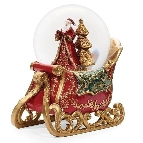 Click image to open expanded view   Santa Sleigh Glitterdome Scarlet and Gold 7 x 4 Resin Holiday Musical Snow Globe