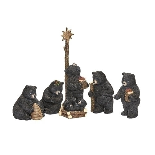 Bear Nativity Scene, Set of 6, 9-inch Height, Black, Resin