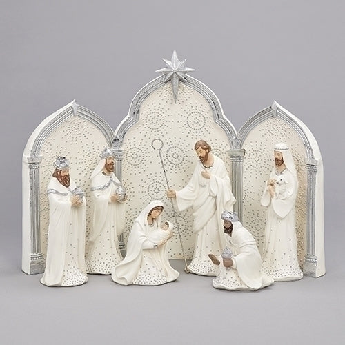 Nativity Silver Dot White with Triptych Backdrop,11.25 inch