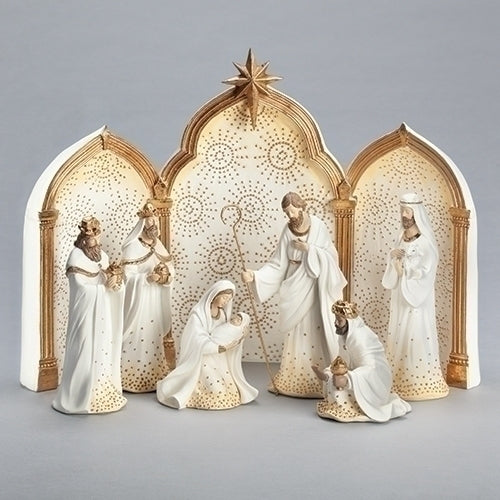 Nativity Gold Dot Ivory with Triptych Backdrop Set of 9, 11.25 inch