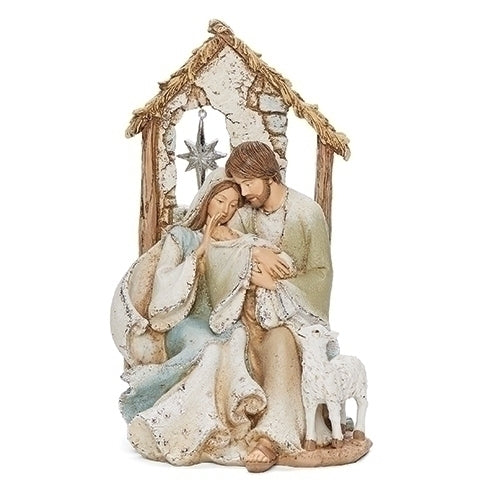 9.25"H HOLY FAMILY WITH STAR IN WINDOW, VERSE; KAREN HAHN