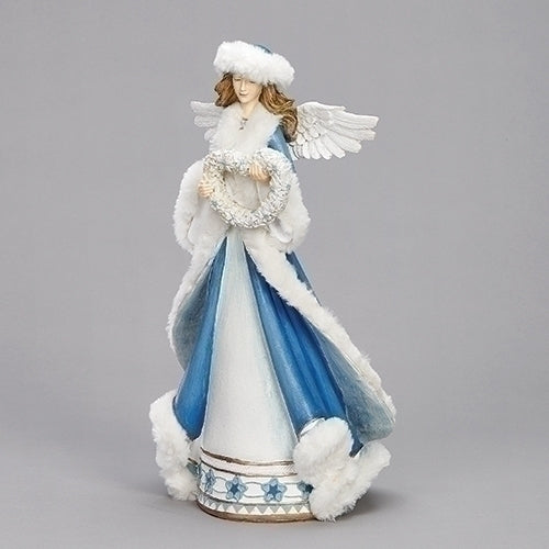 14.25"H BLUE/WHITE CLOAK ANGEL W/WREATH & FUR HAT
