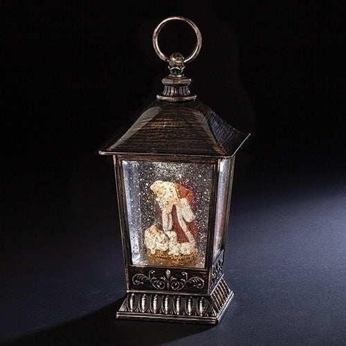 9.7"H LED SWIRL KNEELING SANTA BRONZE LANTERN