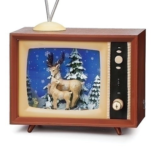 5"H MUSICAL LED TV DEER W/ SNOWFALL SCENE; BATT OP N/INCL