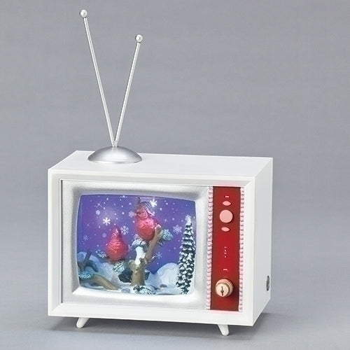 5"H MUSICAL LED WHITE TV W/ CARDINAL;SNOWFALL; BATT N/INCL