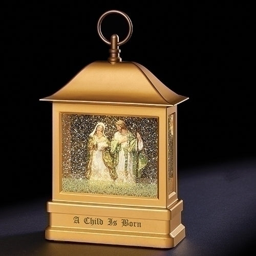 Led Swirl Holy Family in Gold Lantern, 10 inch