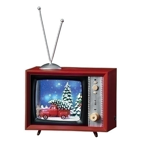 Musical LED TV Barn with Ford Truck and Snowfall Figurine, 5.25-inch Height