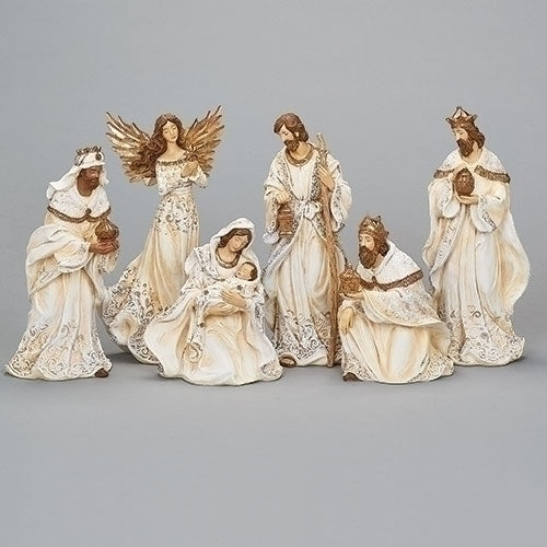 12"H 6PC ST NATIVITY; CREAM GOWN W/GOLD ROPE TRIM