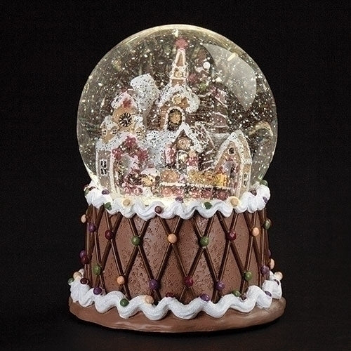 7"H LED MUS SWIRL GINGERBREAD TOWN DOME
