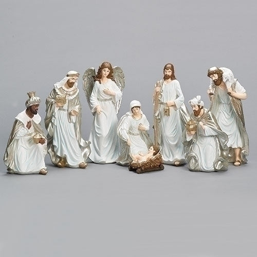 12"H 8PC ST CHAMPAGNE NATIVITY W/ WHITE GLITTER