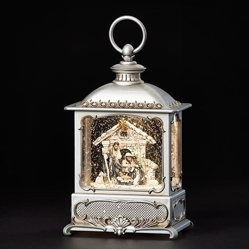 8.75"H LED SWIRL PEWTER HOLY FAMILY LANTERN; PORT/CORD