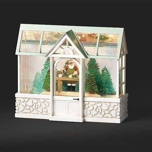7.75"H LED SWIRL GREEN HOUSE SANTA, TREES & CARDINALS