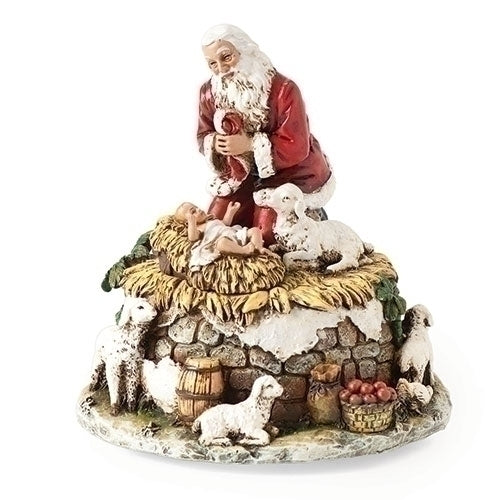 Santa with Baby Jesus and Lambs Figure, Kneeling Santa Collection, Verse - O' Come All Ye Faithful