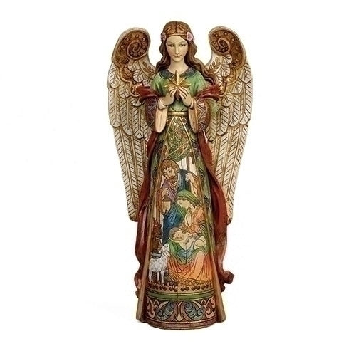 15.75" ANGEL HOLDING STAR W/ HOLY FAMILY IN SKIRT FIG