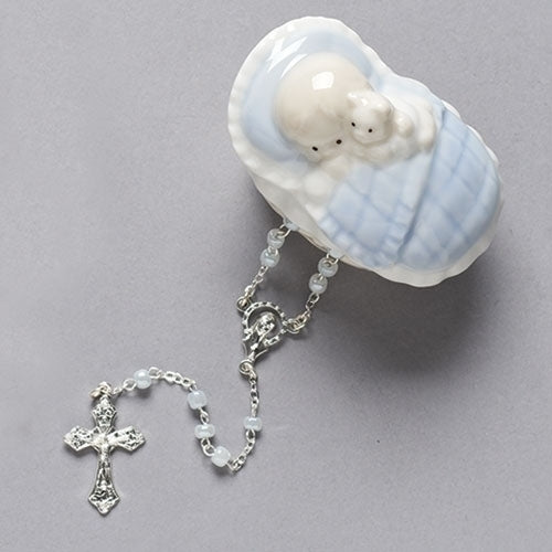 Rosary in Porcelain Keepsake Box for Baby Boy Blue
