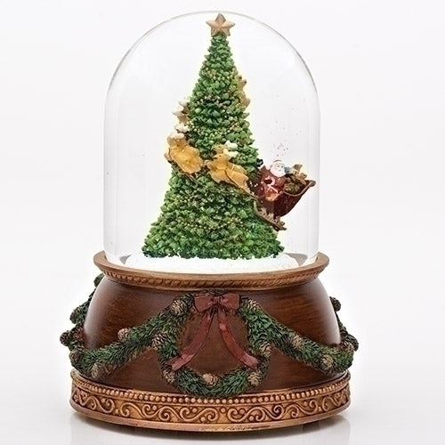 anta in Sleigh with Reindeer Flying Around Christmas Tree Musical Snow Globe Glitterdome - 8" Tall 120MM - Plays Tune Santa Claus is Coming to Town