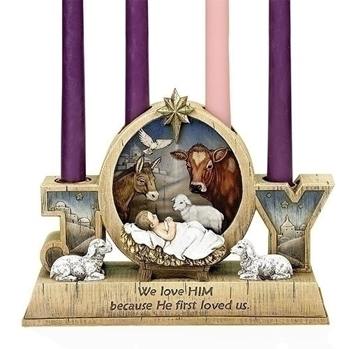 9" Advent Candle Holder - Advent Wreath - Baby Jesus and Barn Animals  4 taper candles (not included).