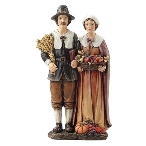 Harvest Brown Pilgrim Couple 14 inch Resin Stone Decorative Tabletop Figurine