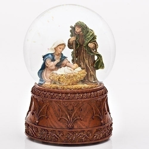 Christmas Nativity 120MM Musical Snow Globe Glitterdome with Carved Wood Base - Plays Tune O'Holy Night