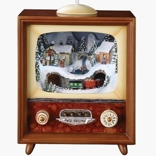 Lighted Musical Animated Retro TV Set Decoration Featuring Vintage Outdoor Snow Winter Scene with Ice Skaters and Rotating Santa, Battery Operated or Optional Adapter (Batteries & Adapter Not Included), Multicolor, Large, 10-Inch