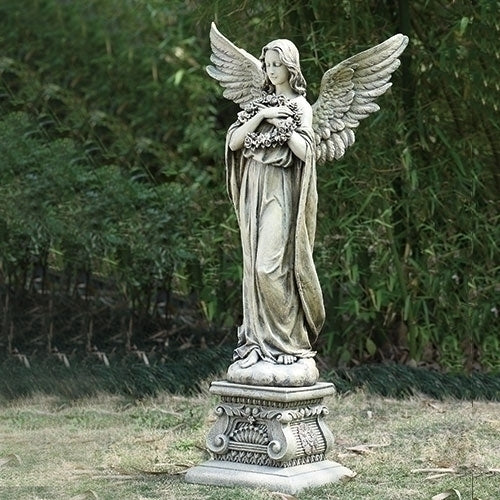 Angel Holding a Wreath on a Pedestal Outdoor Garden Statue, 48-Inch