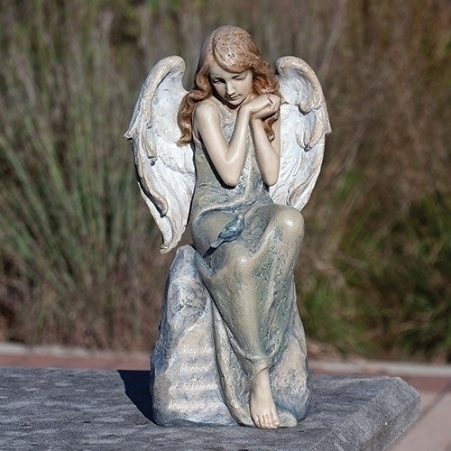 16.25"H ANGEL W/BLUEBIRD ON STONE STATUE
