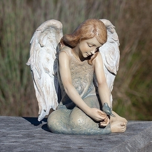 9.75"H ANGEL W/BLUEBIRD SEATED STATUE