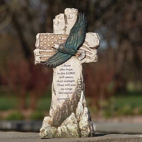 14.5" Distressed Eagle Wings Cross Hope in The Lord Outdoor Garden Statue