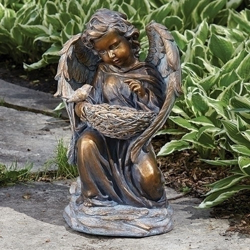 17.75"H SOLAR ANGEL BRONZE W/BIRDBATH GARDEN STATUE