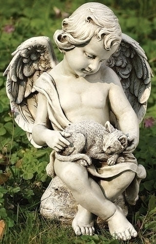 12"H CHERUB W/KITTEN GARDEN STATUE