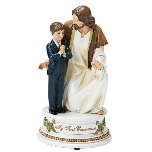 My First Communion Young Boy with Jesus 7.25" H Musical Figurine Plays The Lord's Prayer